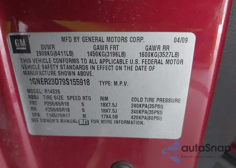 2009 Chevrolet Traverse Lt from USA, damaged, VIN 1GNER23D79S155918